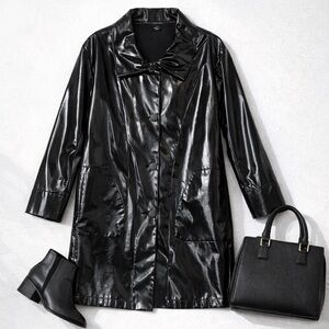 Lundström Black Patent Faux Leather Coat Sz 8 | ’90s Minimalist Statement Jacket